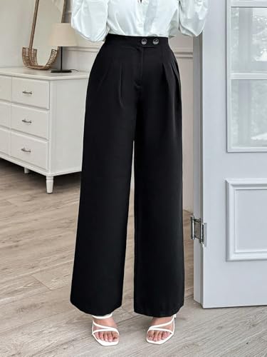 Women's High Waist Wide Leg Pants Elegant Solid Color Button Zipper Detail3