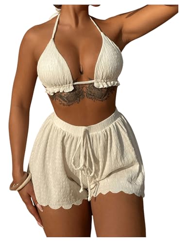 SOLY HUX Women's 3 Piece Bikini Sets Frill Trim Halter Swimsuit Backless Textured Bathing Suit with Shorts