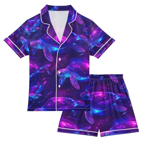 senya Turtle Magic Light Satin Summer Pajama Sets Silk Short Sleeve Button Down Sleepwear