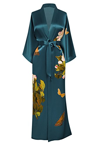 KIM+ONO Women's Washable Silk Kimono Robe Long - Floral Print, Peony & Butterfly- Vintage Teal, 100 Percent Silk Robes for Women with Floral Design, Long Silk Robe 54 inches in Length, One Size Fits Most.