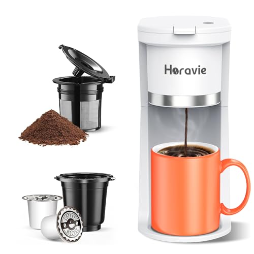 Horavie Small Single Serve Coffee Maker, Fast Brew One Cup Coffee Machine for K Cup and Grounds, 6 to 12 oz. Brew Sizes, Capsule Coffee Machine with Descaling Reminder and Viewing Tank, White