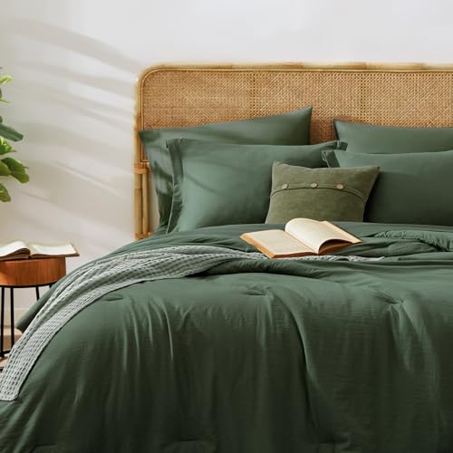Image of King Size Comforter Set- 7 Pieces Prewashed Bed in a Bag King Bedding Sets | Soft All Season Comforter with Sheets, Pillow Shams & Pillowcases,Deep Forest