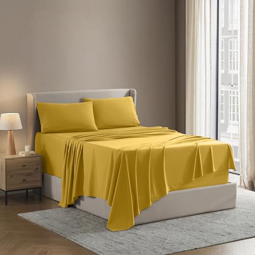 Image of Nestl Queen Bed Sheet Set - Yellow - 4-Piece Deep Pocket | Instantly Soft, Night-One Ready (No Wash Required). Fits 16-Inch Deep Pockets, 360-Degree Elastic Grip