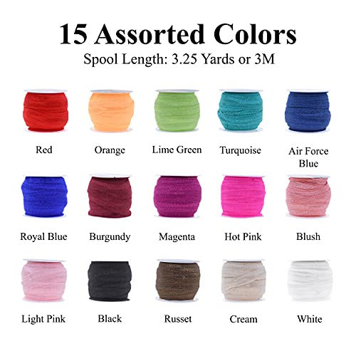 Mandala Crafts Fold Over Elastic Band 5/8 Inch Foldover Foe Stretch Ribbon For Hair Tie Headband Baby Girl Hair Bow 15 Assorted Colors 3.25X15 Yards #TOP1