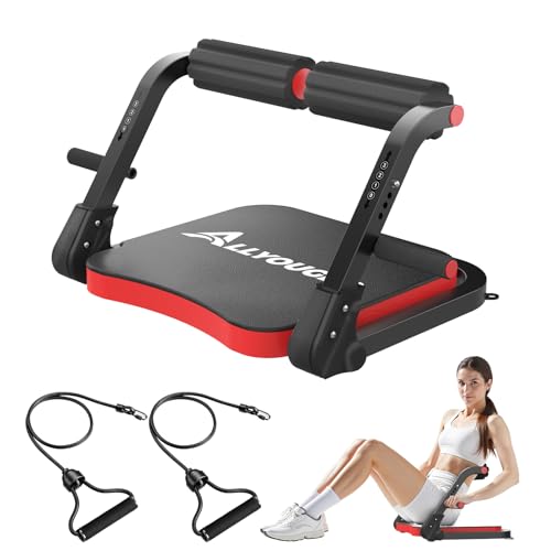 Ab Machine,Sit Up Exercise Equipment& Core Machine, Workout Equipment,Adjustable Ab Trainer with 3 Resistance Levels and Removable Auxiliary Handle,Home Gym Fitness Equipment for All Ages Red