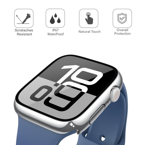 Image of Misxi [2 Pack] Waterproof Hard Case with Tempered Glass Compatible with Apple Watch Series 11 (2025) Series 10 46mm, Overall Protective Cover for iWatch Screen Protector, 1 Silver + 1 Transparent