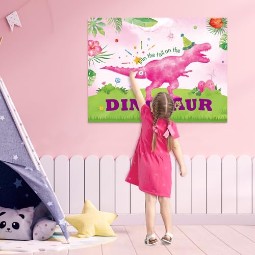 Image of WERNNSAI Pin The Tail on The Dinosaur - Girl Dinosaur Party Decorations Pink Dino Party Games for Birthday Celebration Supplies 21 inch x 28 inch Poster with 24 PCS Tails Stickers
