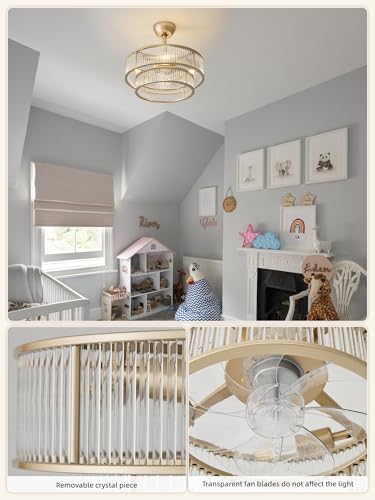 Image of 20 Inch Gold Crystal Fandelier Ceiling Fan with Light, Mid Century Gold Fandelier Ceiling Fans with Lights Remote Control, Caged with 6 Speeds for Bedroom, Nursery, Living Room(US-FS-SJ03)