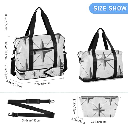 Gray Four-pointed Star Travel Tote Gym Bag Weekender Bag with Adjustable Strap for Workout 2 Pcs Set3