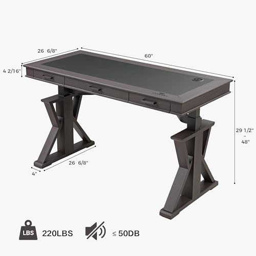 Image of EUREKA ERGONOMIC Leather Standing Desk, 60 inch Executive Desk with Drawers,Modern Oak Grain X-Shaped Leg Sit Stand Desk, Charge Power Outlet Luxury Home Office Computer Desk