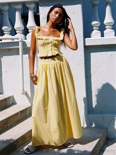 Women Cotton Set Top Skirt 2 Pcs Outfit Ruffles Button Slim Top A-Line Maxi Skirt Casual Dress4