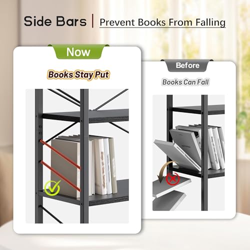 Image of DurayLoly 5-Tier Bookshelf, Black Metal Bookshelf for Home Office, Black | Robust Steel Frame, Stable X-bracing Design, Large Capacity