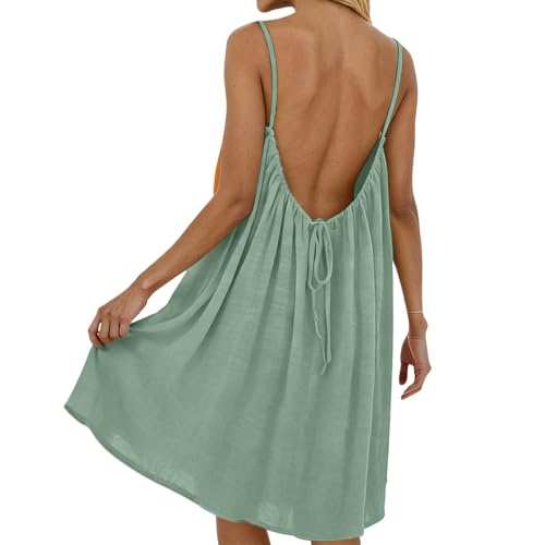 Generisch Vestido de mujer de manga larga, sin espalda, con tirantes delgados, cuello en V profundo, con aberturas laterales, albornoz de gran tamaño, vestido de casa informal, verde, XXL