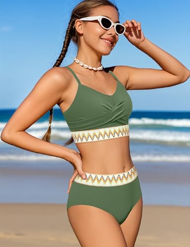 Image of Girls Swimsuit 2 Piece Teen Criss Cross Bikini Set Woven Color Block Welt Bathing Suit for Girls Swimwear 9-18T
