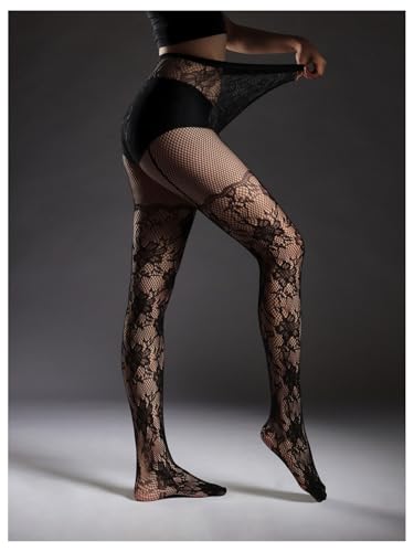 OYOANGLE Women's Patterned Fishnet Tights High Waisted Hollow Out Mesh Pantyhose Footed Stockings2