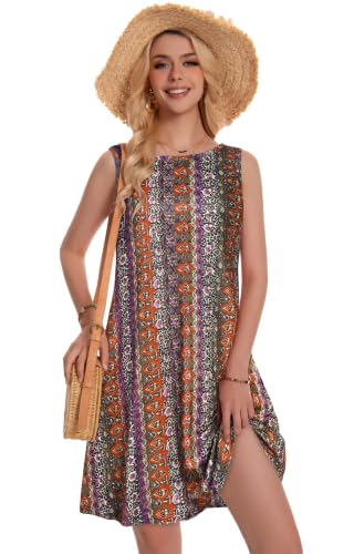 Image of elescat Summer Dresses for Women Boho Sleeveless Pocket Tshirt Sundresses | Two Hidden Pockets, Solid or Floral, Casual Flowy A Line, Loose Beach Cover Up, 2026 Fashion Vintage Outfits, Vacation Crusie