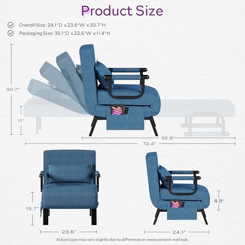 Image of TYBOATLE Sleep Chair Bed, Sleeper Chair, Small Folding Sofa Bed, Azure Blue