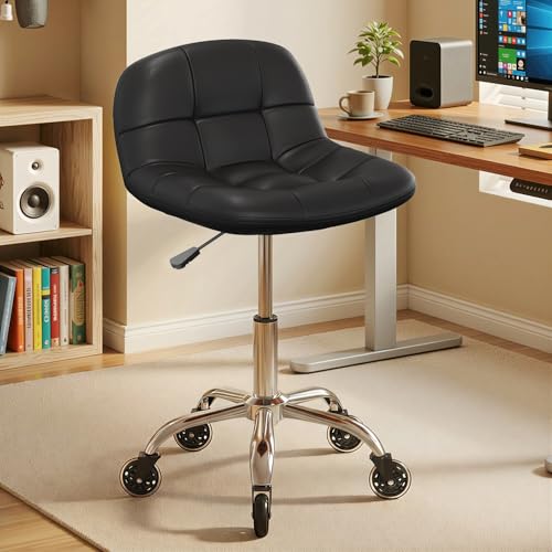 Rolling Stool Chair with Wheels, Height Adjustable Stool with Back Support, Office Drafting Chair with PU Leather Cushion for Home Office Kitchen Vanity Salon Garage Tattoo Dentist Esthetician(Black)