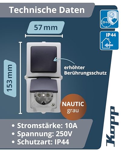 Kopp NAUTIC Wechselschalter-Steckdosen-Kombination in Grau - Sichere Aufputz-Steckdose mit Deckel & erhöhtem Berührungsschutz - Senkrechter IP44 Feuchtraum-Aufputz-Schalter mit Steckdose 16A / 250V~