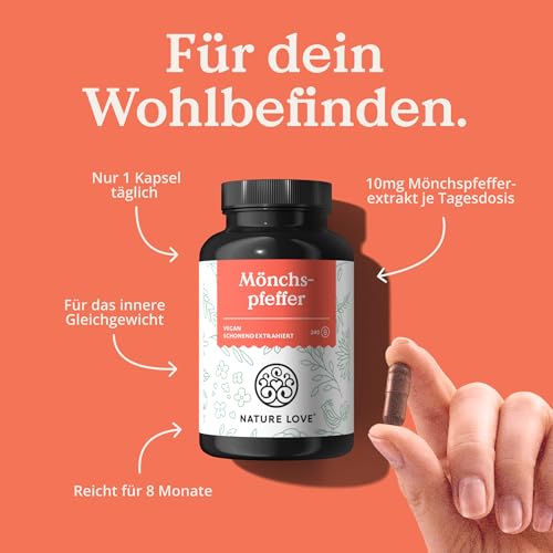 NATURE LOVE® Mönchspfeffer Kapseln - 240 Stück - 4:1 Extrakt aus Original Vitex Agnus Castus - Hochdosiert mit 10mg je Kapsel, Ohne unnötige Zusätze, vegan, laborgeprüft, in Deutschland produziert 3
