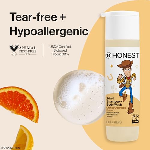 Image of The Honest Company Cleansing 2-in-1 Shampoo + Body Wash, Gentle on Skin, Dermatologist Tested, Tear Free, Hypoallergenic, Disney and Pixar's Toy Story, Orange Creamsicle