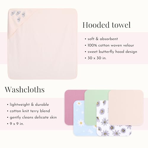 Image of Evolur Secret Garden 6 pc Baby Gift Set, Includes Hooded Towel & 5pc Wash Cloths, Soft and 100% Cotton Woven, for Newborn, Infants and Toddlers 0-9 Months
