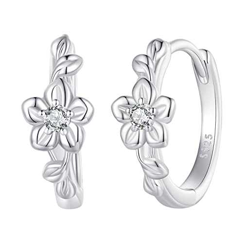 Flower Split Huggie Hoop Earrings for Women, S925 Sterling Silver Hypoallergenic Small Hoop Earrings Flower Zirconia Earrings Jewelry Gifts