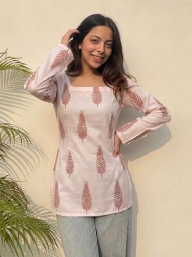 Image of ANNI Designer Women's Viscose Blend Printed Short Kurti | Straight Fit Ethnic Top with Square Neck | Bell Sleeve Indian Kurta for Office College, Party
