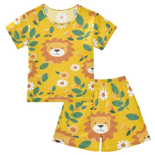 ALAZA Cute Lion Blossom Yellow Pajamas Set Short Sleeve Cotton Sleepwear Summer Pjs 2 Piece 5-14Y