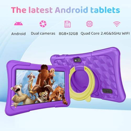 Image of Kids Tablet, 7 Inch Android 15 Tablet for Kids, 8GB+32GB 1TB Expanding, Quad Core Toddler Tablets with Shockproof Case, BT5.0, WiFi 5, Parental Controls, Games, Dual Camera (Purple)