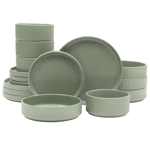 Image of Gibson Elite Deerfield 16-Piece Stoneware Dinnerware Set - Matte Green Stackable Plates and Bowls, Reactive Glaze Finish, Service for 4 - Microwave & Dishwasher Safe