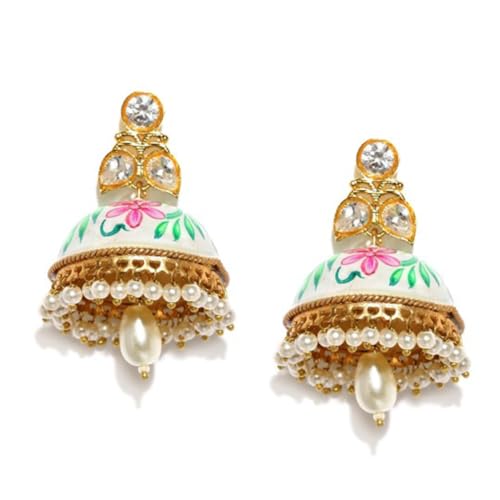 Rubans Gold-Toned White Hand Painted Kundan Jhumkas For Women (B0D6RGWBXF) Amazon Price History, Amazon Price Tracker