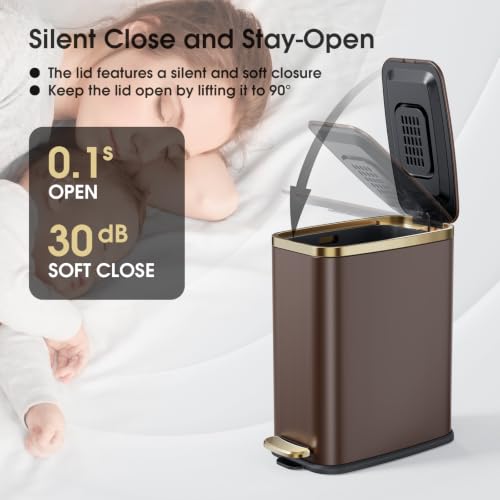 Image of CEROELDA Small Bathroom Trash Can with Lid-5L /1.3 Gal-Soft Close Lid-Brown