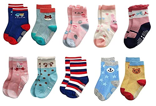 little PANDA Baby Boys & Baby Girls Ankle Length Soft Terry Cotton Anti-Skid Socks (Pack of 10 Pairs) (0-6 Months, Multi-Colored)