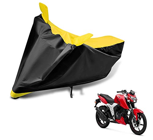 Image of Auto Hub Bike Cover Compatible with TVS Apache RTR 160 with Mirror Pocket, Dustproof, Heat Resistant, Triple Stitched, Apache 160 Bike Cover- Black, Yellow