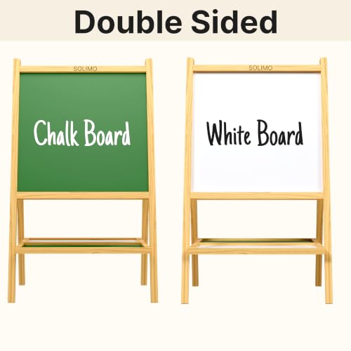 Image of Amazon Brand - Solimo 2 in 1 Double Sided Wooden Easel Stand, Whiteboard and Chalkboard, A-Type Foldable, 80 cm x 40 cm, with Tray, for Kids with Whiteboard Marker & Non-Magnetic Duster