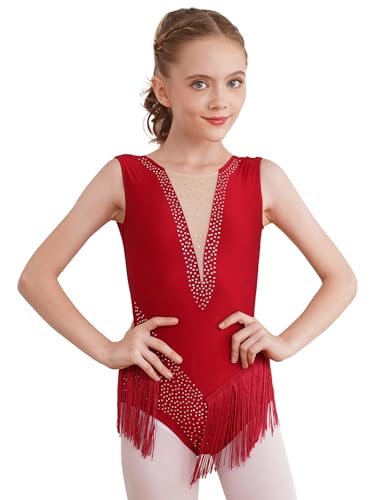 Nyeemya Leotardos Gimnásticos para Niñas Manga Larga Maillot de Ballet Danza Body Empalme de malla Mono con Flecos Lentejuelas borgoña A 7-8 años