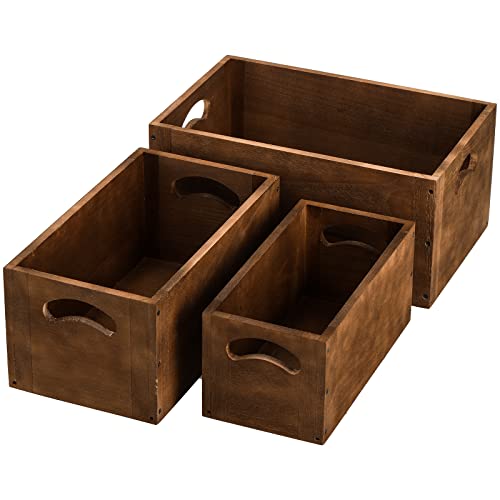 Hedume Set Of 3 Nesting Wooden Crates, Wood Crate Box With Handle, Rustic Brown Decorative Wood Storage Crates Container, Stackable Cube Basket Bins Organizer For Home, Office, Closet, Shelf #TOP2
