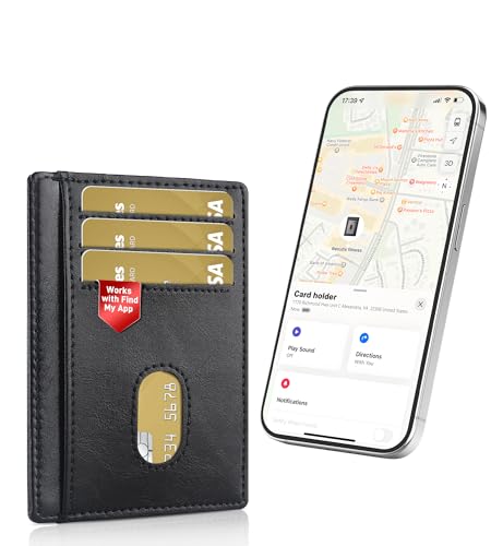 Auskang Men's Wallet with Smart Tracker Works for Find My App, GPS Credit Card Holder Leather Slim Minimalist RFID Blocking Smart High capacity and ID window Wallet for Men(Carbon Black)