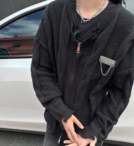 Men's Ripped Knitted Cardigan Sweaters Full Zip Up Drop Shoulder Long Sleeve Cardigans Streetwear for Men3