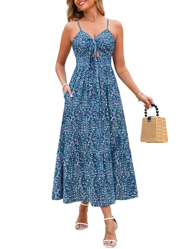 Image of Kranda Women 2026 Summer Sundress High Waist Tie Front Spaghetti Strap Long Beach Floral Tiered Maxi Dress with Pockets