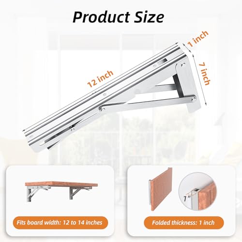 image for LuckIn 12 Inch Folding Shelf Brackets Heavy Duty Stainless Steel Colla