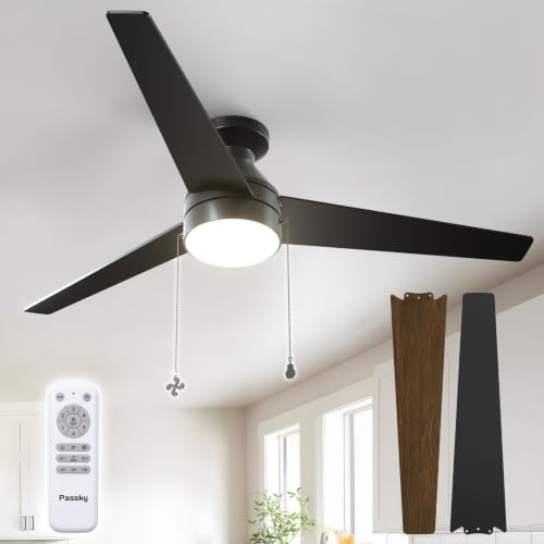 Image of Passky Ceiling Fans with Lights, 52 inch Low Profile Ceiling Fan with Pull Chain and Remote Control, Flush Mount, Reversible, 5CCT, Dimmable, Noiseless, Black Pull Cord Ceiling Fan for Bedroom