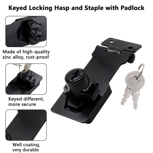 Cjueiom 2pcs 2.5 Inch Locking Key Hasp Black Garden Gate Lock, Metal Shed Latch and Padlock Door Lock Hasp - Image 4