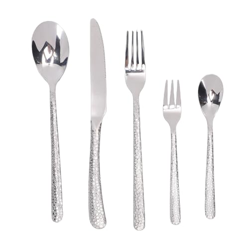 Xiuganpo 4-teiliges Besteckset, Besteckset aus Edelstahl, Spülmaschinenfest, Elegantes Gehämmertes Design, Ergonomische Steakschneider, Löffel, Salatgabeln, Teelöffel, Poliert für die (SILVER)