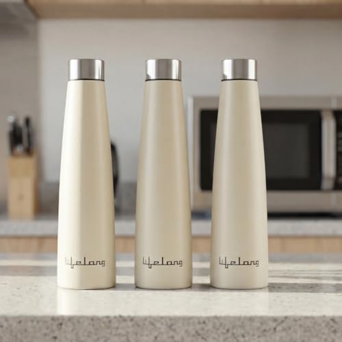 Image of Lifelong 900ml Stainless Steel Water Bottle Pack of 3 | Leak-Proof & Durable | Easy to Clean | Odour-Free | Rust-Free Build, Secure Cap & Easy Grip | Ideal for School, Office, Travel & Gym (Beige)