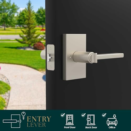 Image of Mega Handles Glamor Entry Lever & Lock Door Handle Set for Hallway, Closet and Bathroom, Heavy Duty Door Levers, Fits All Standard Door Sizes, Screws Included - Satin Nickel (1 Pack)