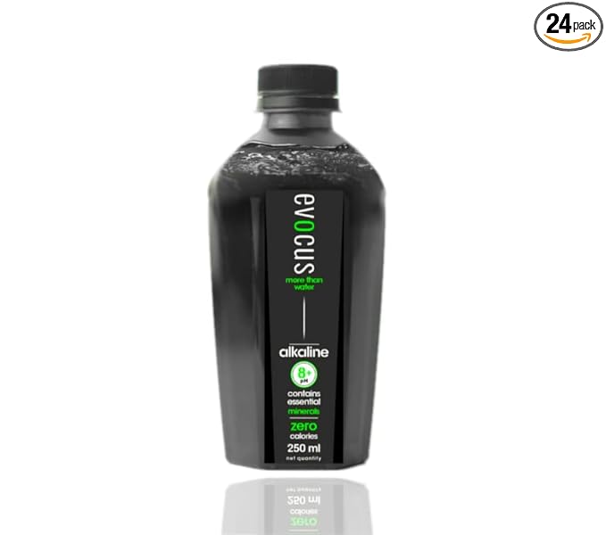 Evocus Black Alkaline Drink | Infused with Essential Minerals | 8+ pH Alkaline | Pack of 24 (250mL Each) Bottled Water | Mineral Water