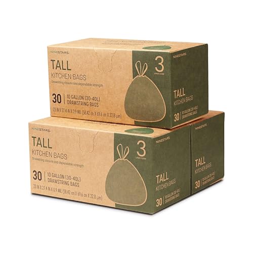 Ninestars Extra Strong Trash Bags with Drawstring Multiple Sizes 90 Count Kitchen Drawstring trash bags 90 Trash Bags (10 Gallon 90 ct White)