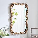 LOVNAHO Vintage Gold Mirror for Bathroom Wood Frame Arched Wall Mirror, 24inch Antique Decorative Scalloped Brass Mirror for Living Room,Bedroom,Entryway, Dinning Room (Rectangle-15.7X23.8inch)